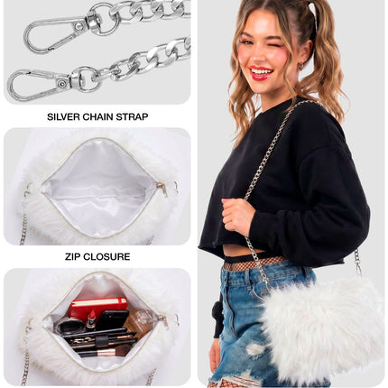 Handtas lang pluche wit voor dames achterkant – verkleedkleding