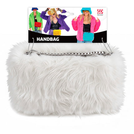 Handtas lang pluche wit voor dames zijaanzicht – verkleedkleding