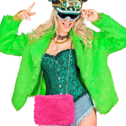 Handtas lang pluche neon roze voor dames totaalbeeld – verkleedkleding