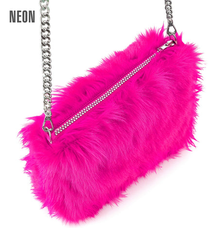 Handtas lang pluche neon roze voor dames vooraanzicht – verkleedkleding