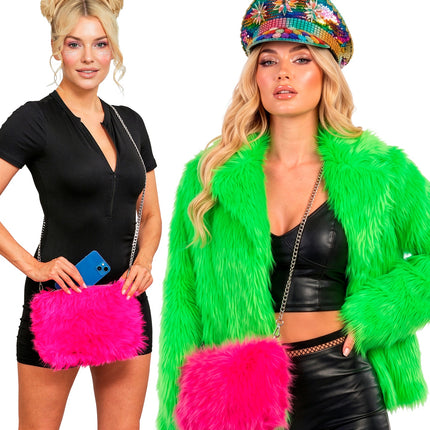 Handtas lang pluche neon roze voor dames detailopname – verkleedkleding