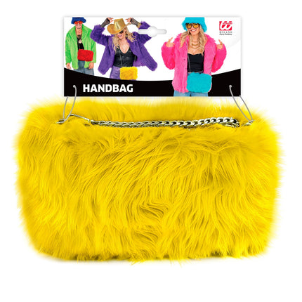 Handtas lang pluche geel voor dames zijaanzicht – verkleedkleding
