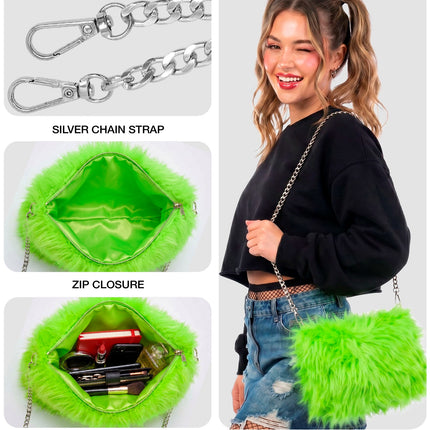 Handtas lang pluche neon groen voor dames achterkant – verkleedkleding