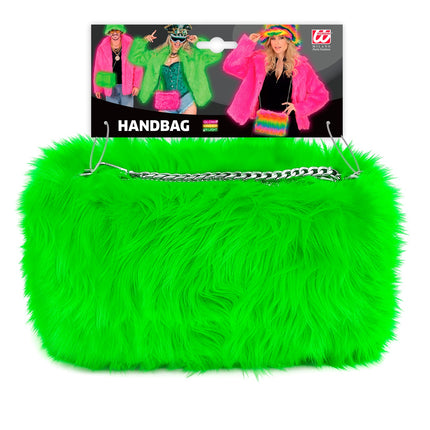 Handtas lang pluche neon groen voor dames zijaanzicht – verkleedkleding