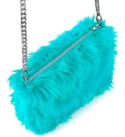 Handtas lang pluche azuurblauw voor dames vooraanzicht – verkleedkleding