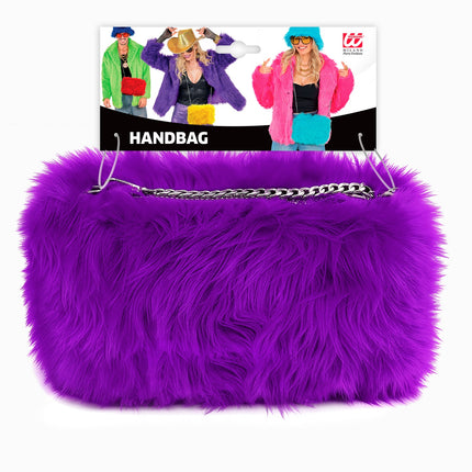 Handtas lang pluche paars voor dames zijaanzicht – verkleedkleding