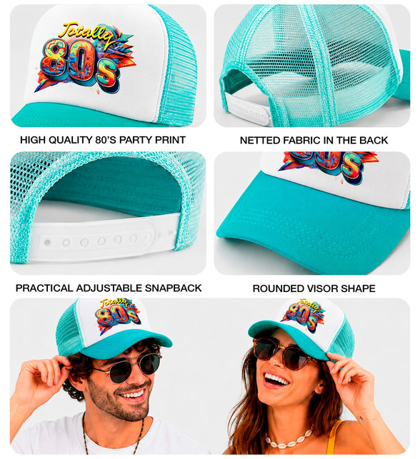 Pet jaren 80 detailfoto's van print, meshachterkant, witte verstelbare snapback en ronde klep