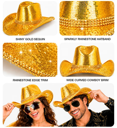 Detailcollage gouden cowboyhoed: pailletten, strassband en brede gebogen cowboyrand