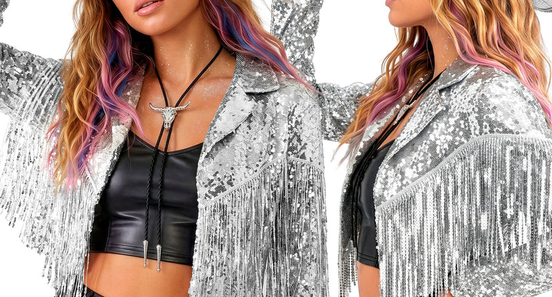 Colbert pailletten met franjes zilver voor dames vooraanzicht – kleding