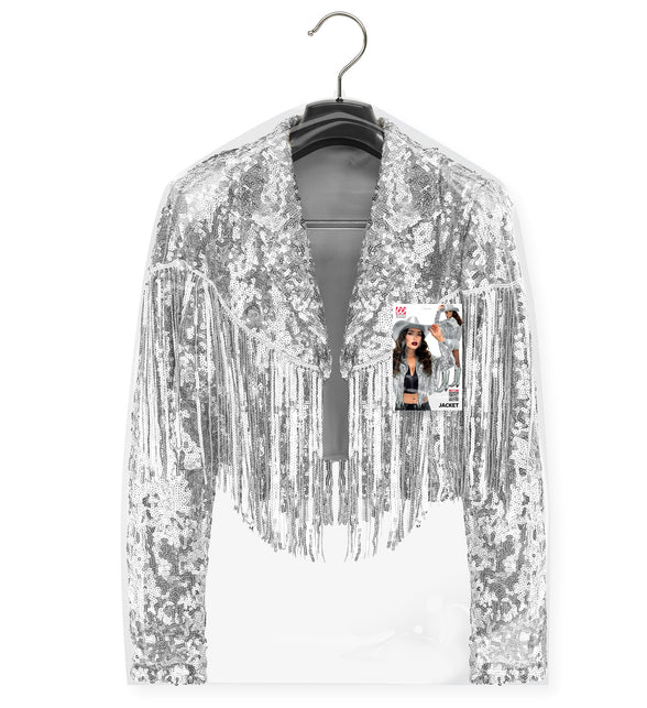 Zilveren paillettencolbert met franjes op hanger, cropped model met open revers