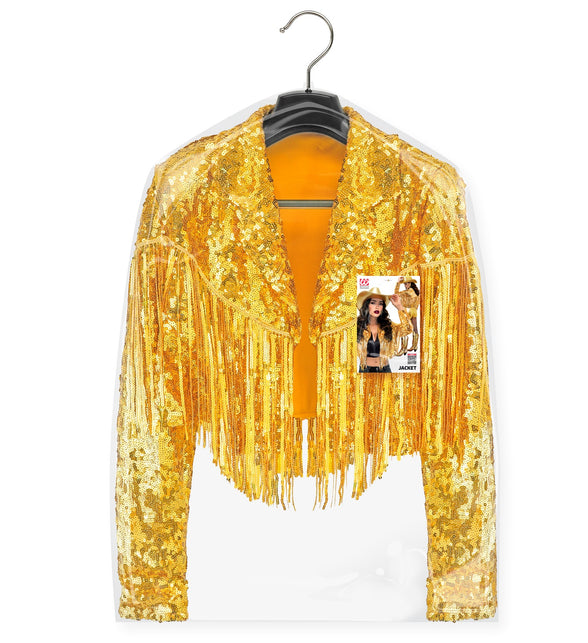 Gouden pailletten colbert met franjes op hanger, met revers en franjes langs mouwen