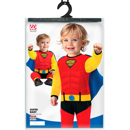 Verpakking superheld babyjumpsuit met cape van Widmann, maat 80 en 98 cm