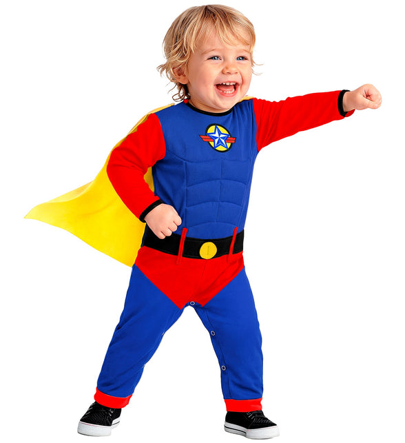 Superheld jumpsuit baby met zwarte riem, gele gesp en wapperende gele cape