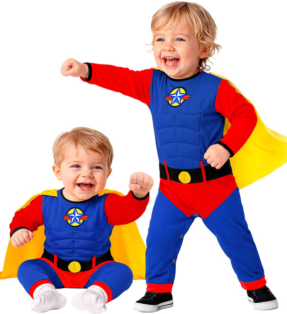 Superheld babypakje blauw met rode mouwen, spierprint en gele cape voor jongens