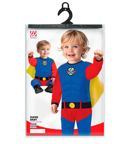 Verpakking superheld babypakje Widmann met jumpsuit en cape in maat 80 en 98 cm