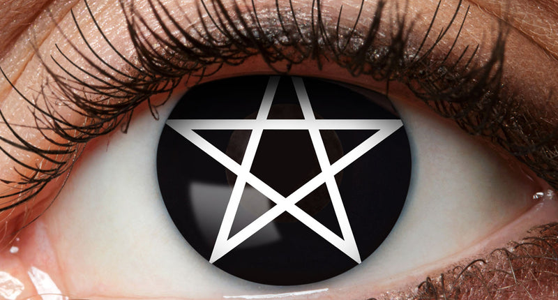 3-maandslenzen pentagram in oog, zwarte lens met witte vijfpuntige ster voor Halloween