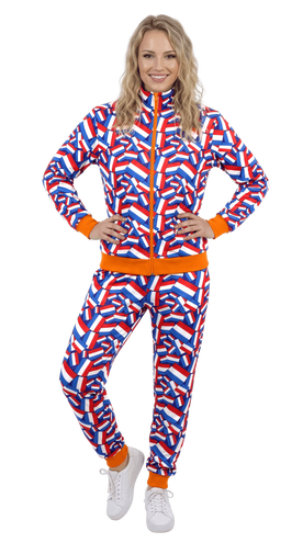 Trainingspak Holland dames met jas en broek in vlaggenprint en oranje rits, WK en EK