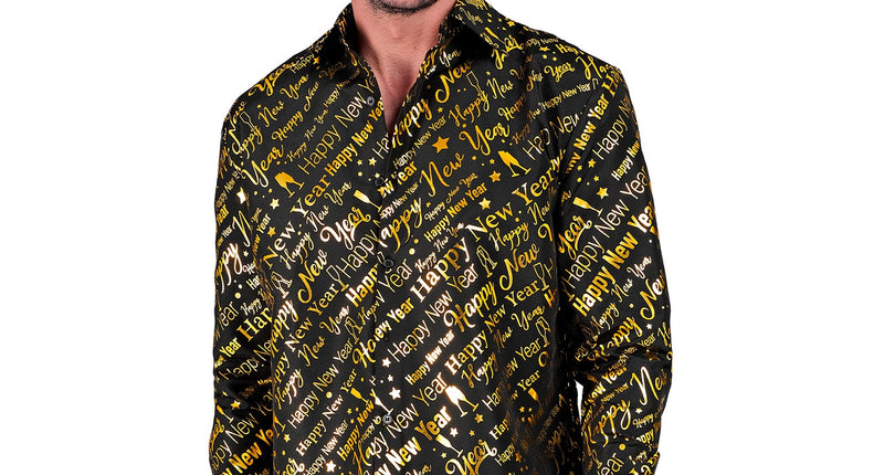 Gouden shirt happy new year heren - glanzend feestoverhemd voor oud en nieuw