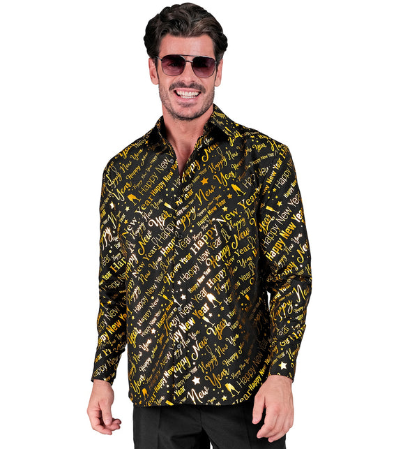 Gouden shirt happy new year heren - glanzend feestoverhemd voor oud en nieuw