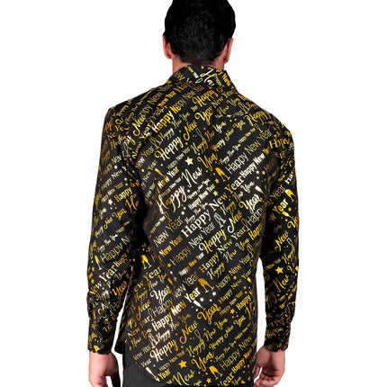 Goud happy new year shirt gedragen - feestelijk overhemd heren gala