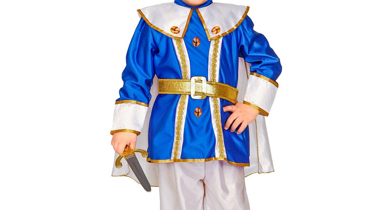 Prinsenpak blauw kind Benno met cape en hoed, sprookjesprins kostuum jongen vooraanzicht