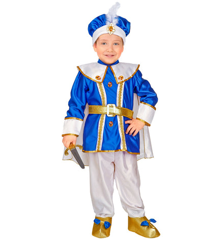 Prinsenpak blauw kind Benno met cape en hoed, sprookjesprins kostuum jongen vooraanzicht