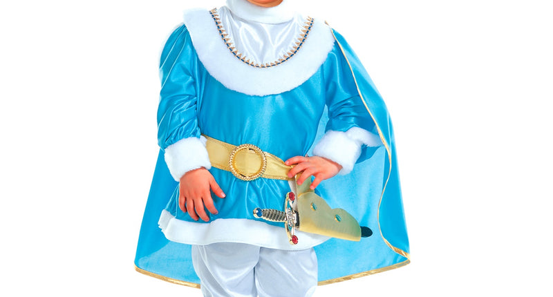 Prins kostuum blauw kind met cape broek en hoed, sprookjesprins verkleedpak vooraanzicht