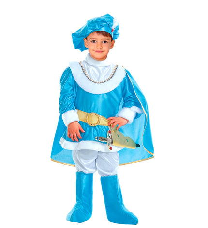 Prins kostuum blauw kind met cape broek en hoed, sprookjesprins verkleedpak vooraanzicht