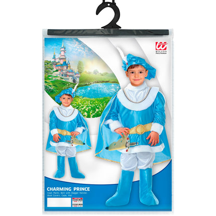 Prinsen verkleedpak kind compleet met laarshoezen en gevederde hoed, blauwe prins outfit
