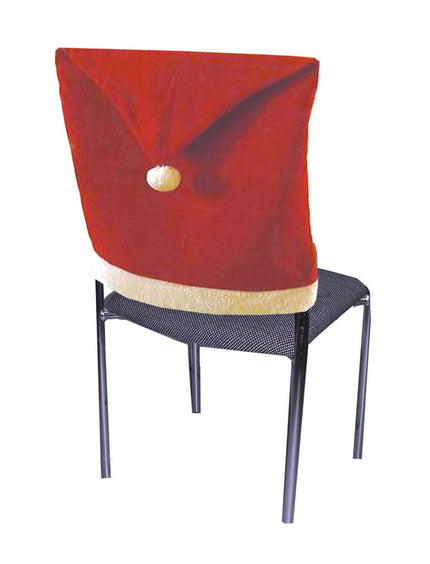 4 Stoelhoezen kerstmuts in rood met witte rand en pompon over een zwarte stoelrug