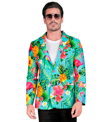 Heren colbert met neon flamingoprint - tropisch verkleedjasje voor neon party