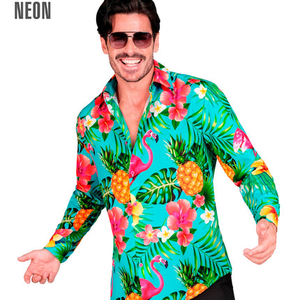 Neon flamingo hawaiihemd Floor - kleurrijke verkleedblouse heren tropisch thema