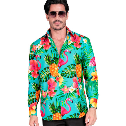 Heren hawaii blouse met neon flamingo - tropisch shirt voor neon party