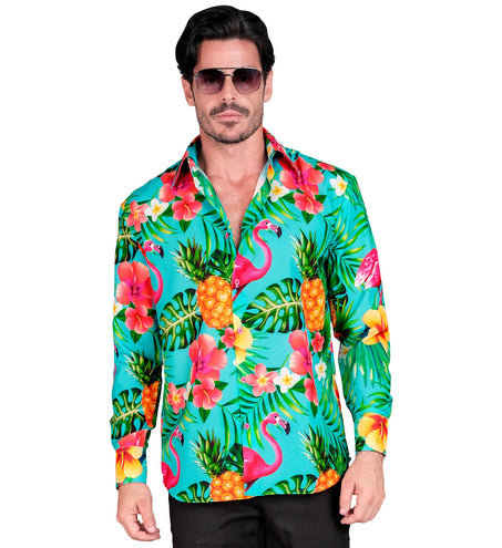 Heren hawaii blouse met neon flamingo - tropisch shirt voor neon party