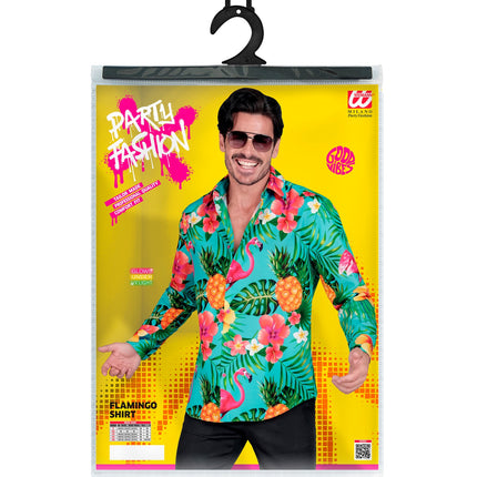 Neon flamingo blouse Floor achterkant - tropisch hawaii overhemd heren feest