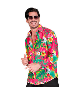 Heren hawaii blouse met neon copacabana print - tropisch shirt voor neon party