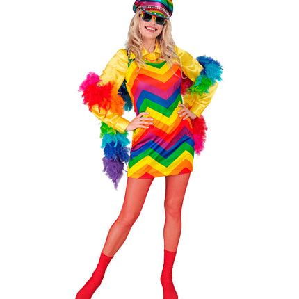 Detail van de regenboogprint op de regenboog jurk Ella - kleurrijke Pride verkleedkleding