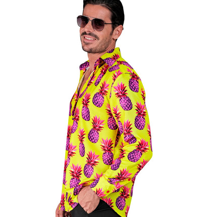 Ananas neon blouse heren detail - hawaii shirt met fruitprint feest
