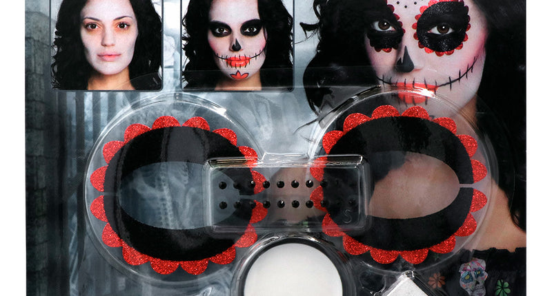 Schmink kit Day of the dead (oogdecoraties, strass steentjes, vetschmink en spons)