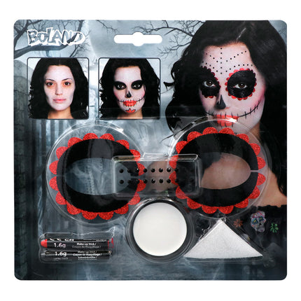 Schmink kit Day of the dead (oogdecoraties, strass steentjes, vetschmink en spons)