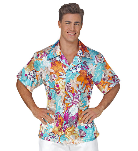 Hawaiishirt flowers multicolor van satijn, tropisch Hawaii hemd heren vooraanzicht
