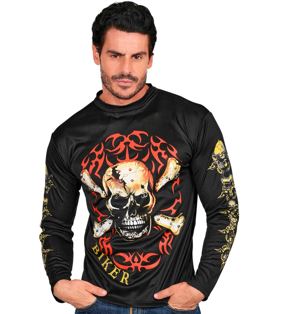 Biker shirt schedel met gekruiste botten, totenkopf rocker T-shirt vooraanzicht