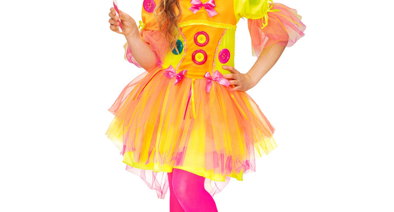 Neon fantasy jurkje meisje, kleurrijke fantasie carnavalsjurk vooraanzicht