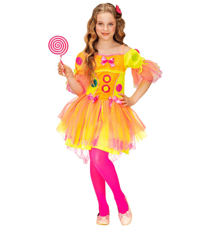 Neon fantasy jurkje meisje, kleurrijke fantasie carnavalsjurk vooraanzicht