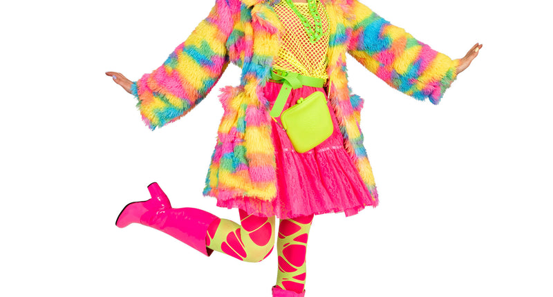 Fuzzy nep bontjas Nina in regenboog kleuren vooraanzicht – carnavalskostuum