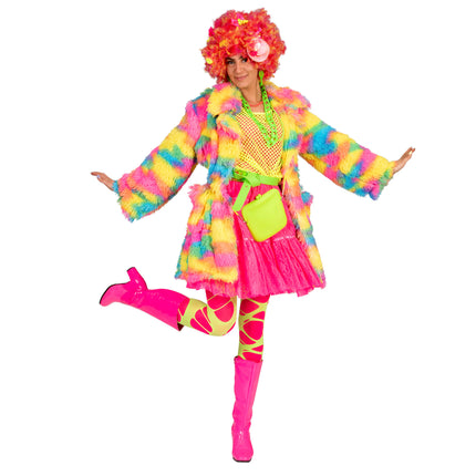Fuzzy nep bontjas Nina in regenboog kleuren vooraanzicht – carnavalskostuum