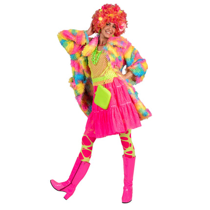 Fuzzy nep bontjas Nina in regenboog kleuren zijaanzicht – verkleedkleding