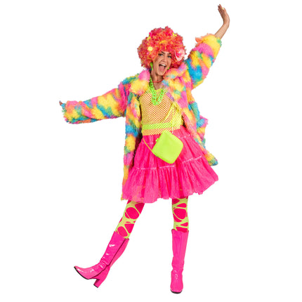 Fuzzy nep bontjas Nina in regenboog kleuren achterkant – carnaval outfit