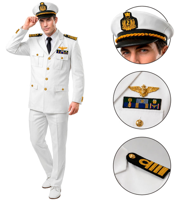 Wit kapiteinskostuum heren met detailfoto's van pet met anker, vleugelinsigne en epaulet