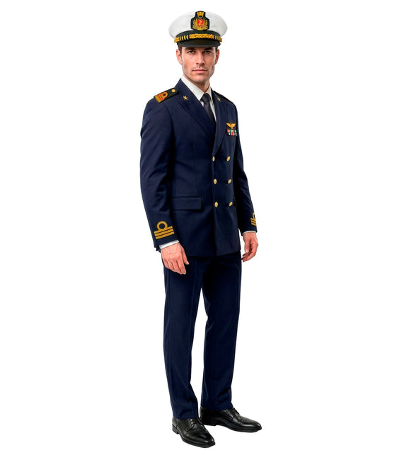Marine kapitein kostuum heren zijaanzicht met dubbele rij knopen en donkerblauwe pantalon